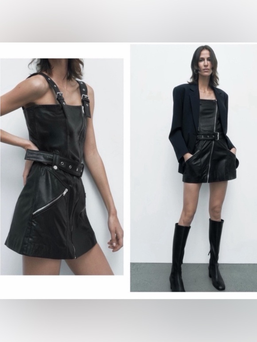NWT Zara Black Leather Moto Buckle-Strap Mini Dress